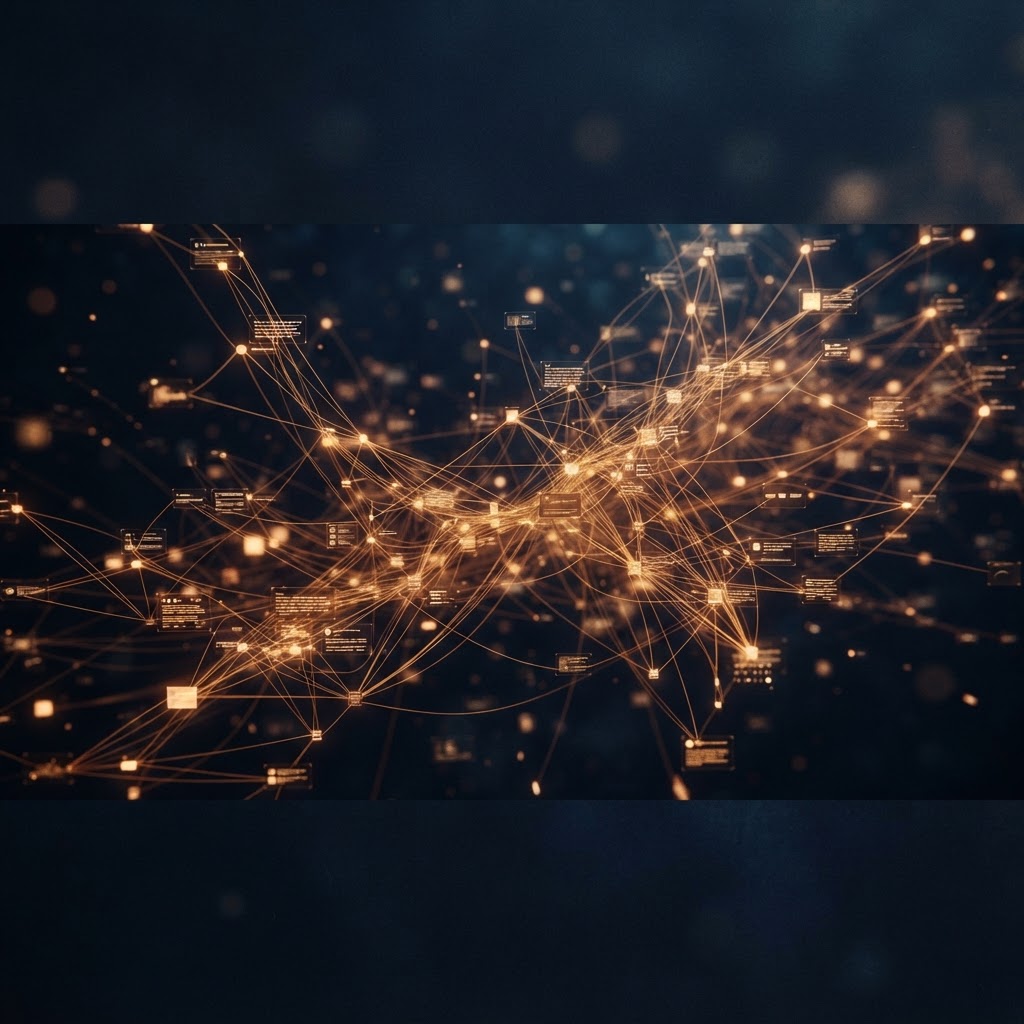 A brand knowledge graph built from evidence cards, citations, and customer language connected by glowing threads
