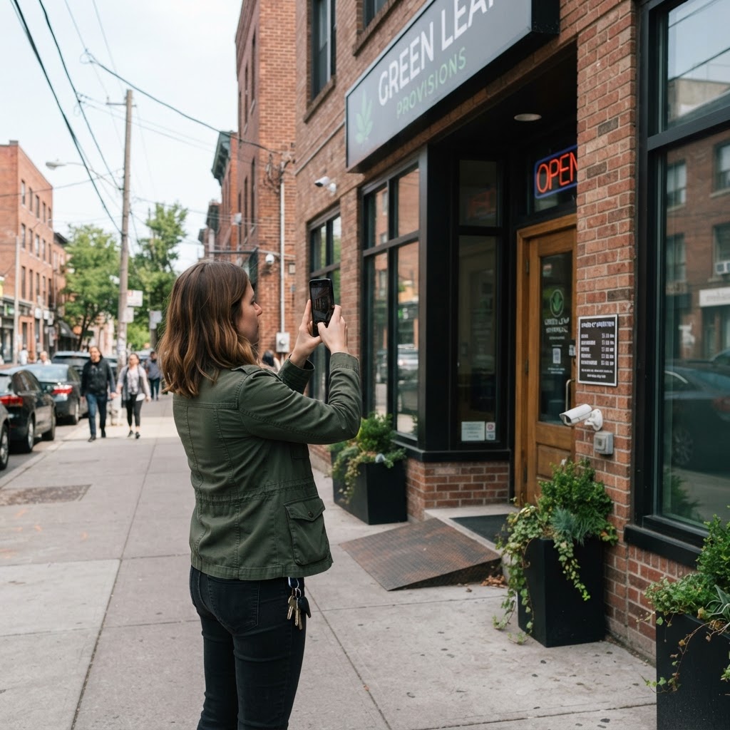 A dispensary manager photographing the storefront and entrance details