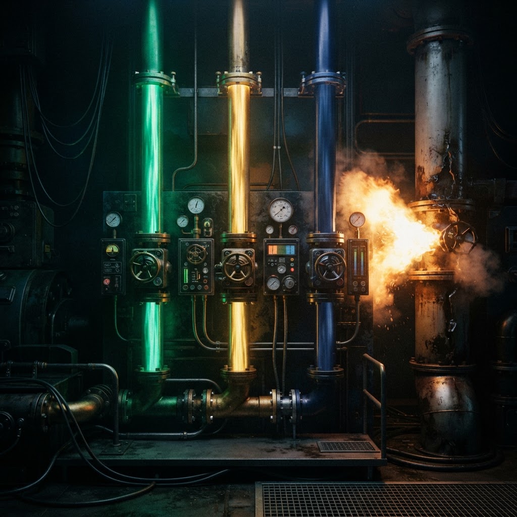 Routing is a margin decision, not just an engineering detail. Three physical pipes carrying different light streams through control valves, with one oversized pipe visibly wasting energy