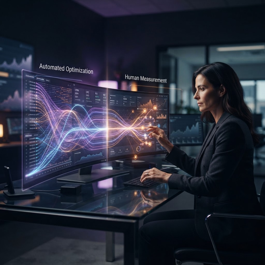 AI advertising signals glow across a dark cinematic field.