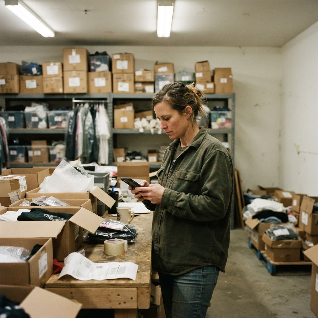 Candid phone-camera photo of an independent retail operator checking product details on a smartphone beside inventory boxes