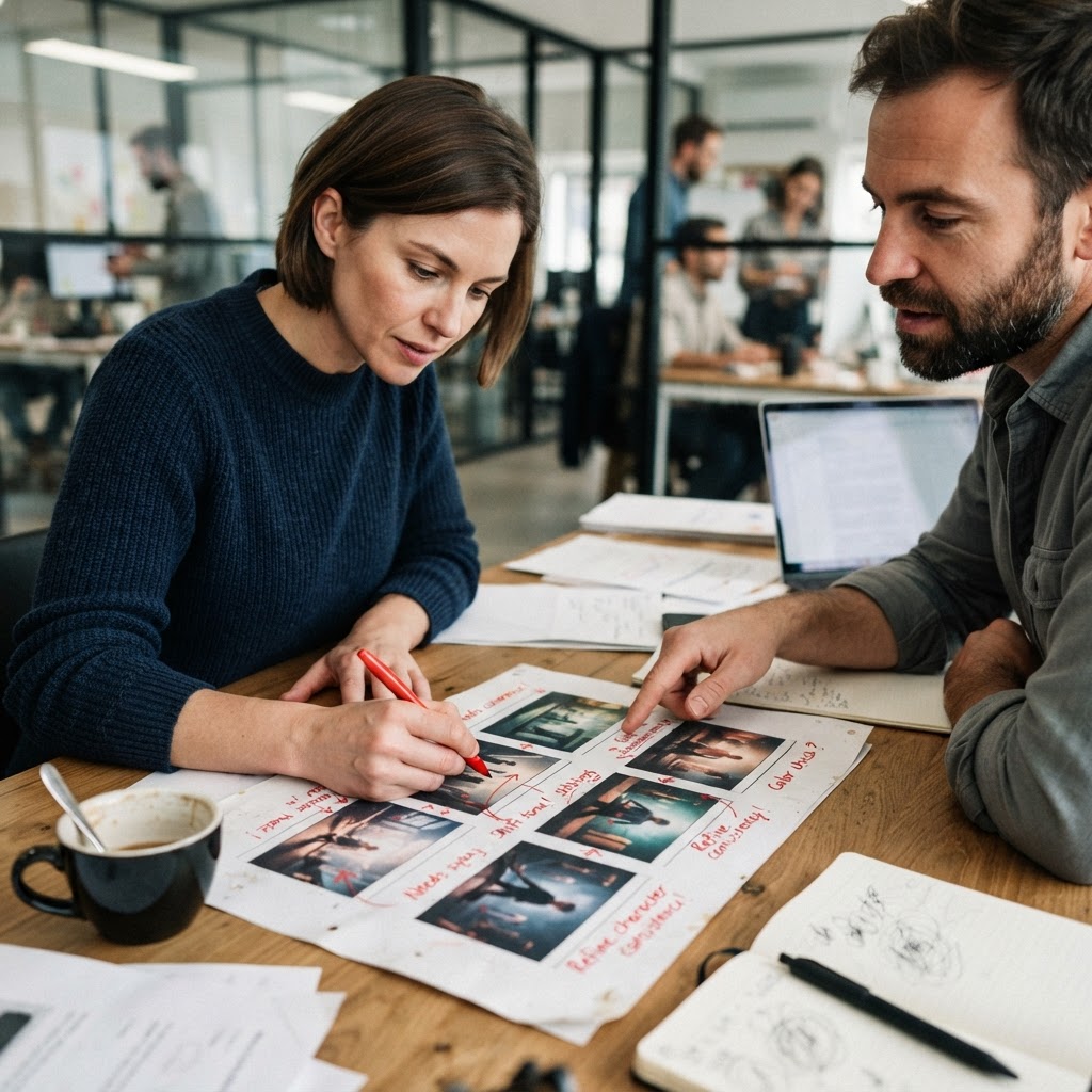 A creative team marks up an AI-assisted campaign before launch
