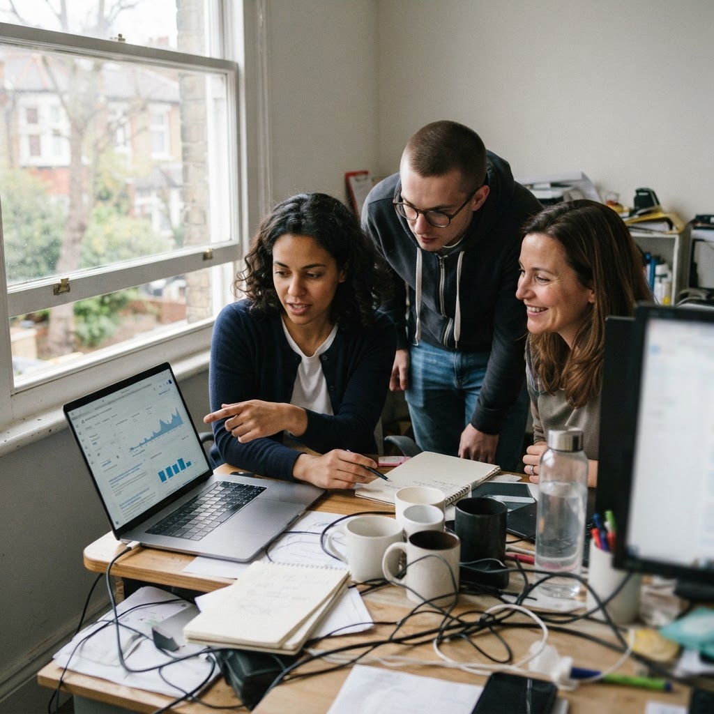 A small marketing team reviews search answer citations around a laptop in a real office.