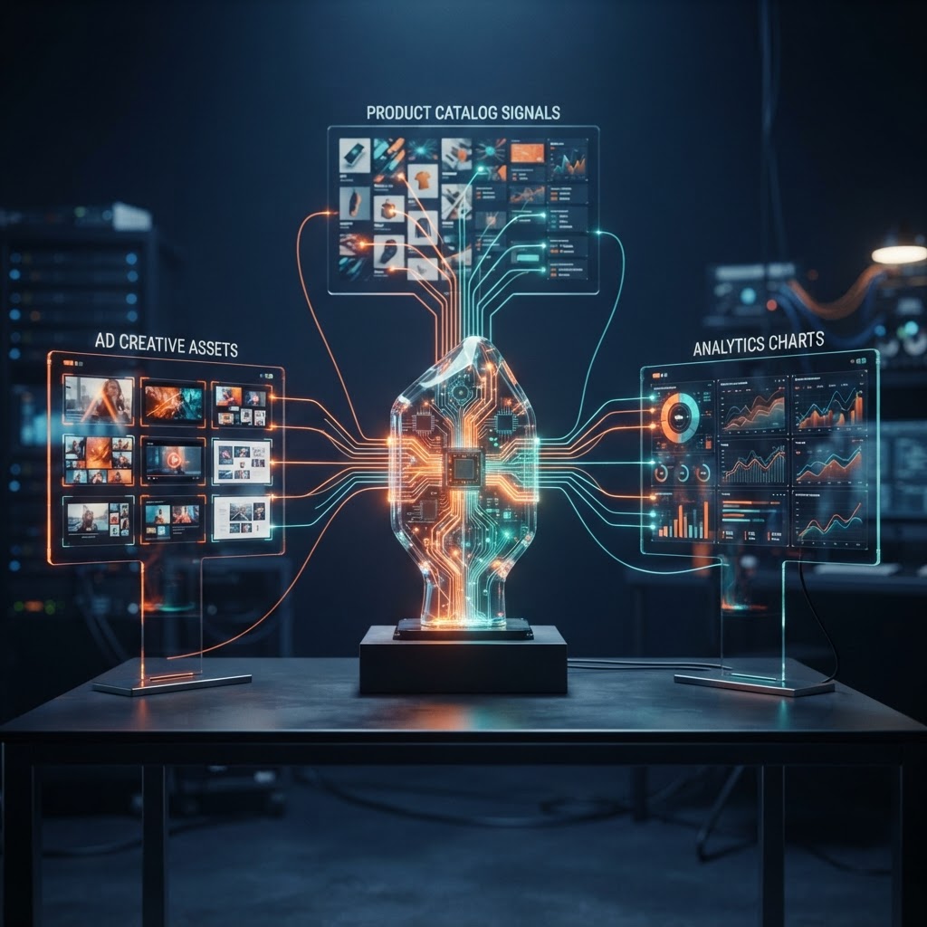 A transparent AI relay connects advertising, analytics, and product signals