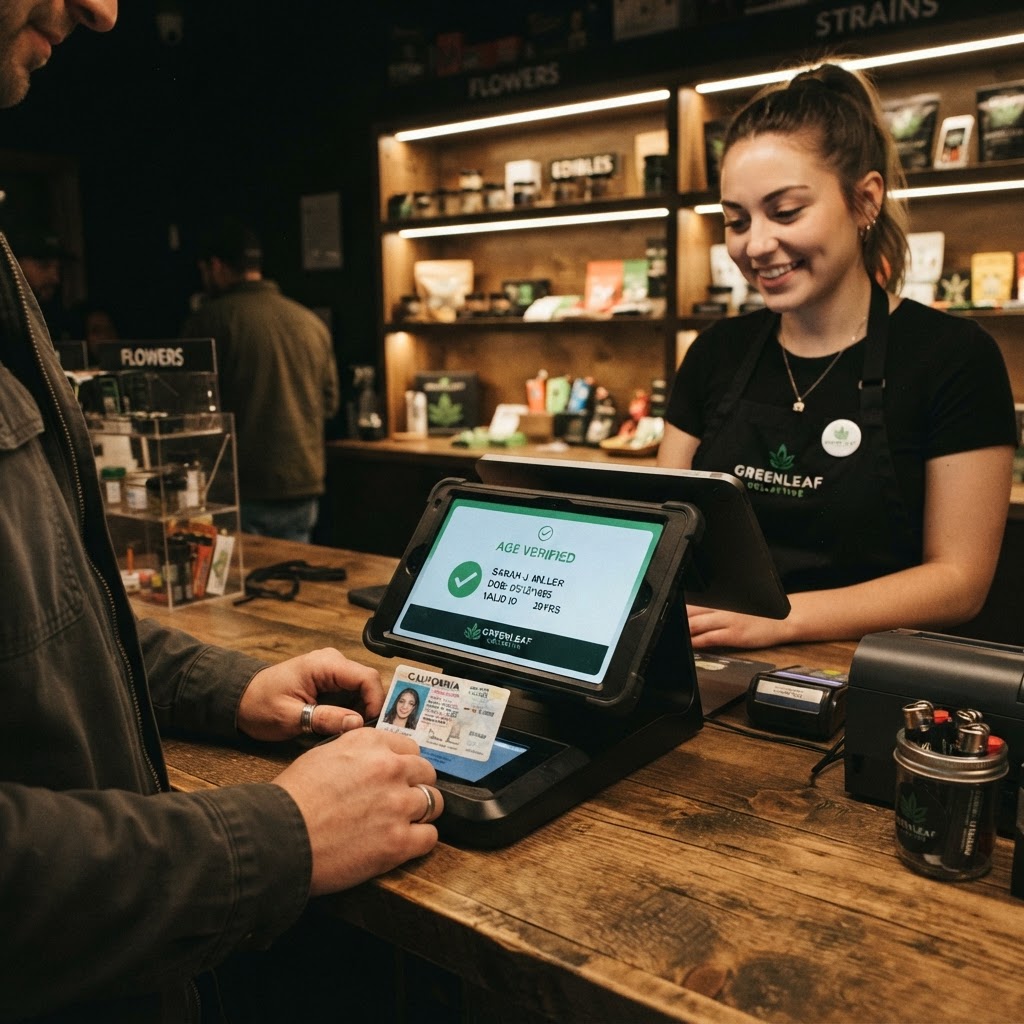 Candid phone-quality photo of a cannabis dispensary counter with ID scanner and age verification tablet