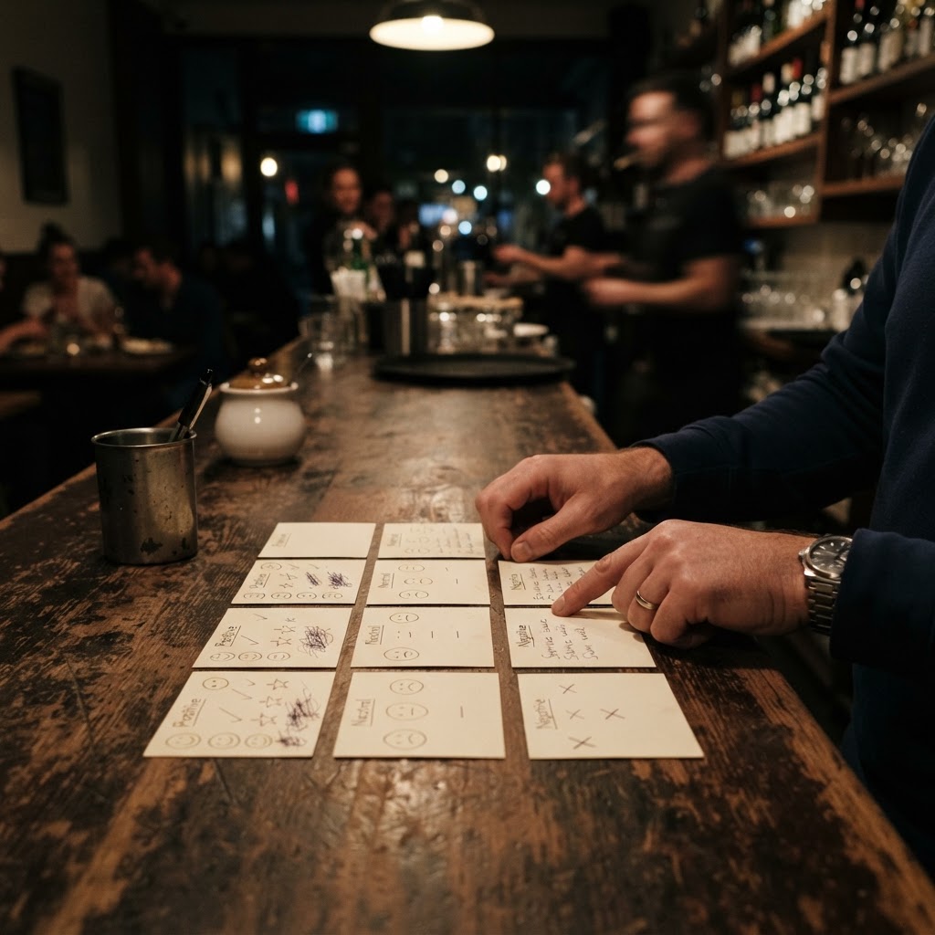 A service manager sorting positive, neutral, and negative feedback cards on a counter