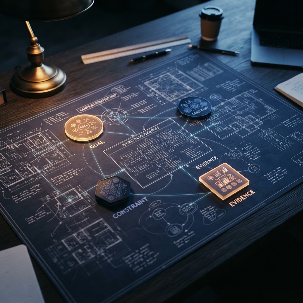A dark blueprint shows goal, evidence, boundaries, and escalation feeding one campaign map