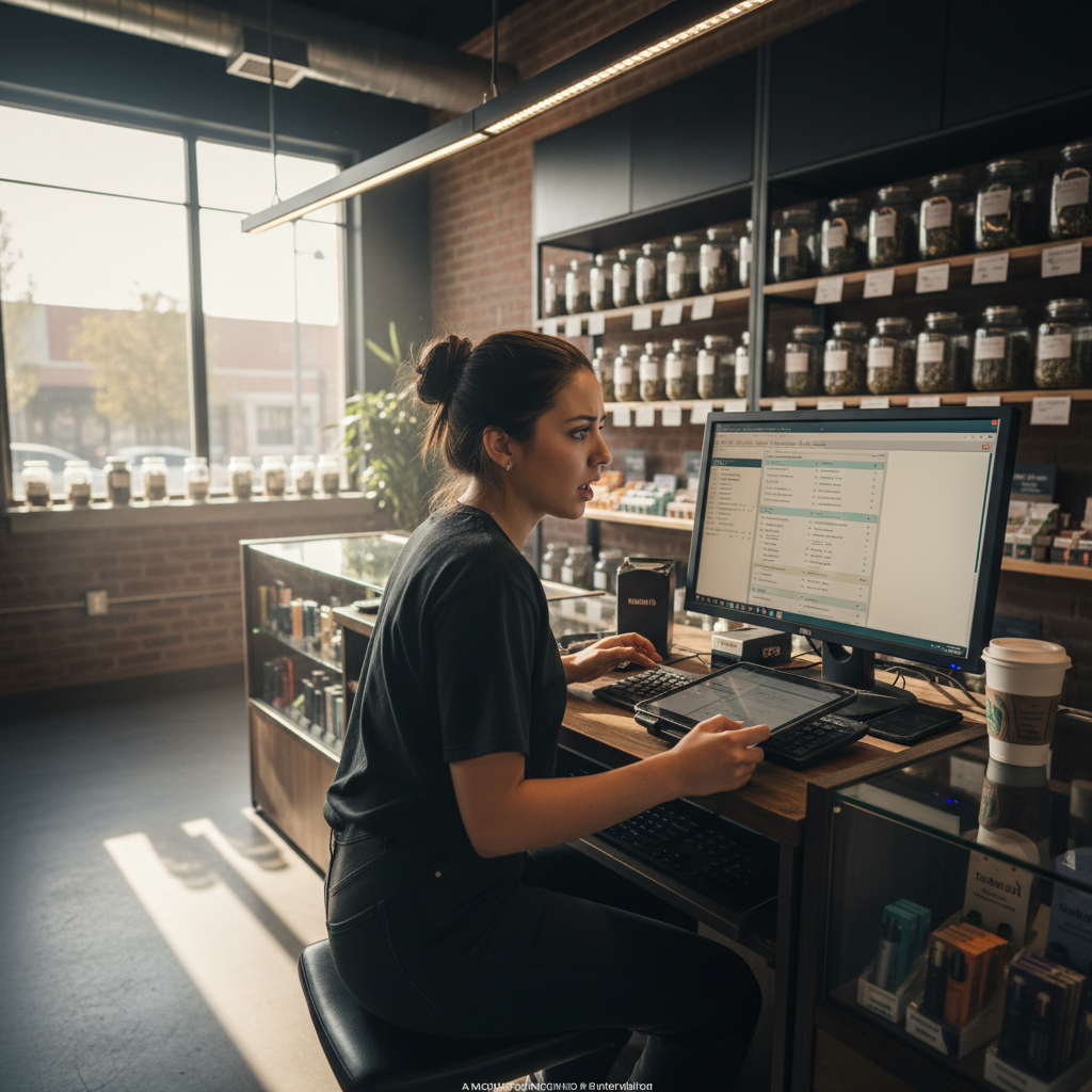 Dispensary manager at POS terminal, reviewing systems dashboard