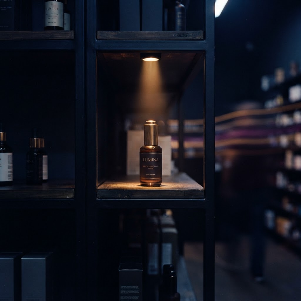 A single product under a narrow spotlight on a dark retail shelf