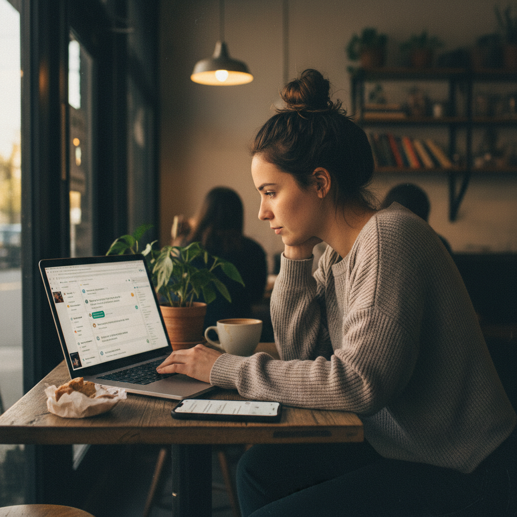 Solo marketer at coffee shop coordinating AI agents on phone and laptop