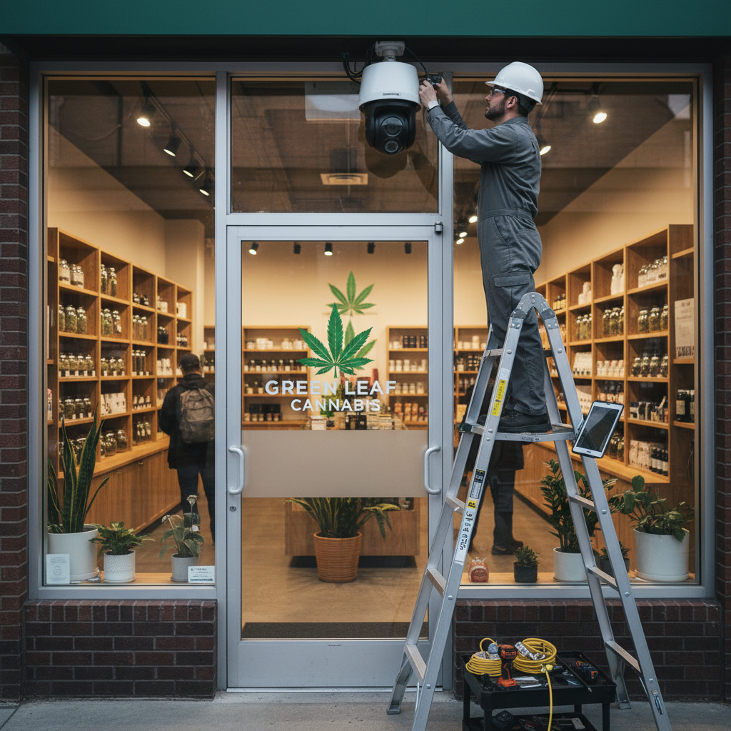 Technician installing AI video intelligence camera above retail location entrance