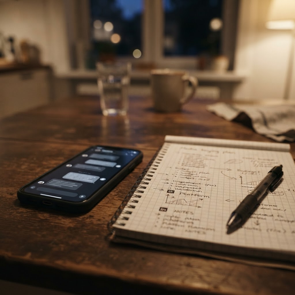 The media plan now includes the answer around the ad A marketer reviewing an AI-native media plan beside a phone