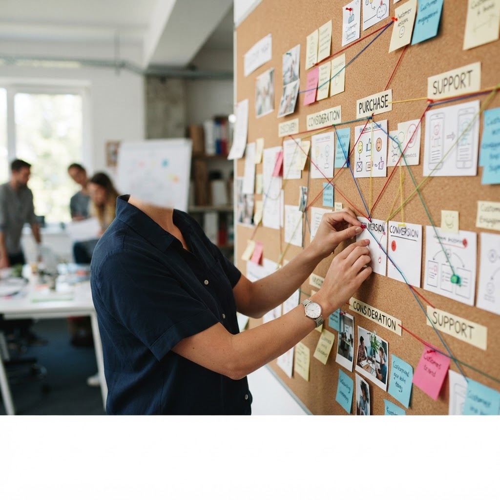 The journey still exists, even when the interface hides the steps. A marketer pins a physical customer journey map to a wall, connecting discovery, consideration, purchase, and support