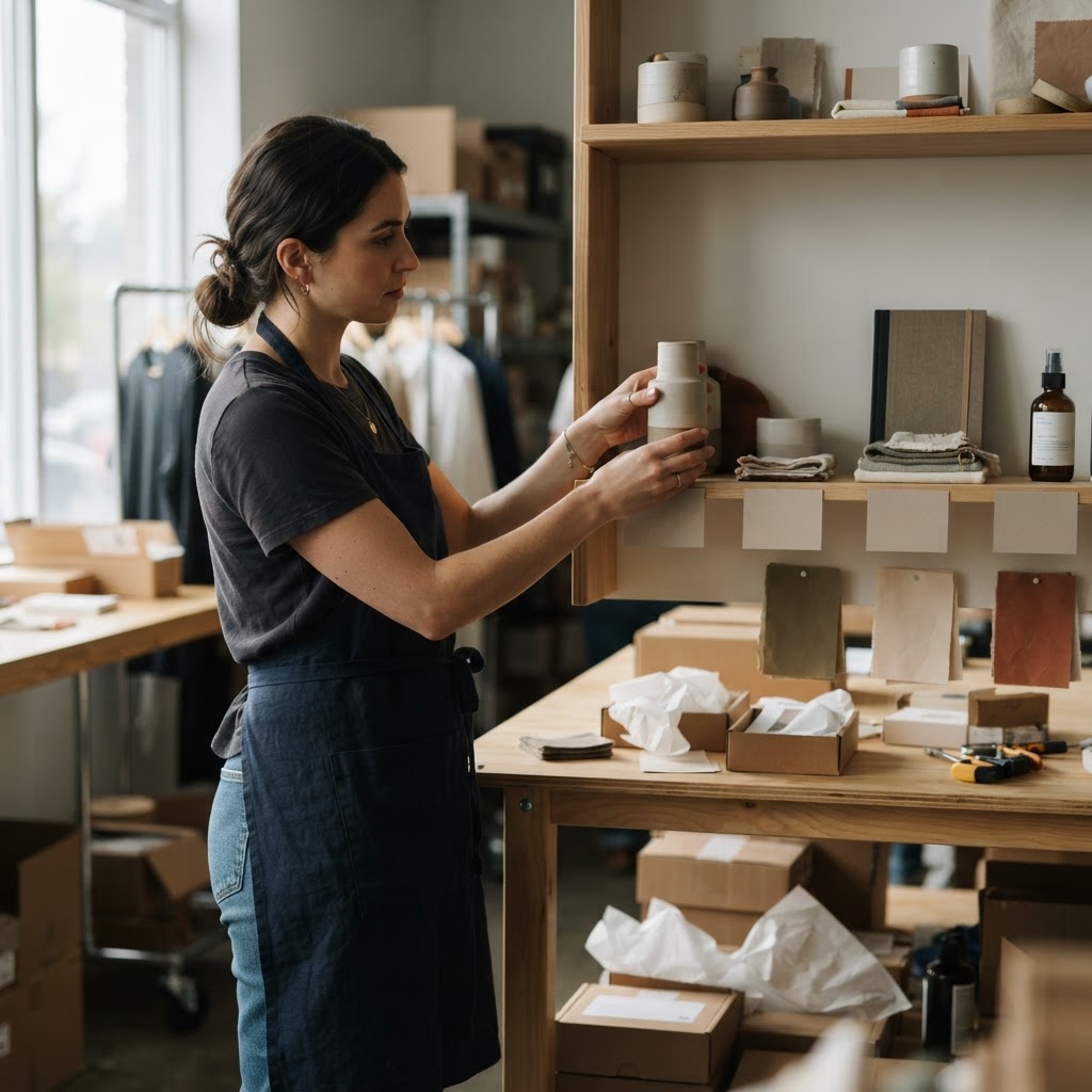 A retail operator arranging a curated set of products and category cues