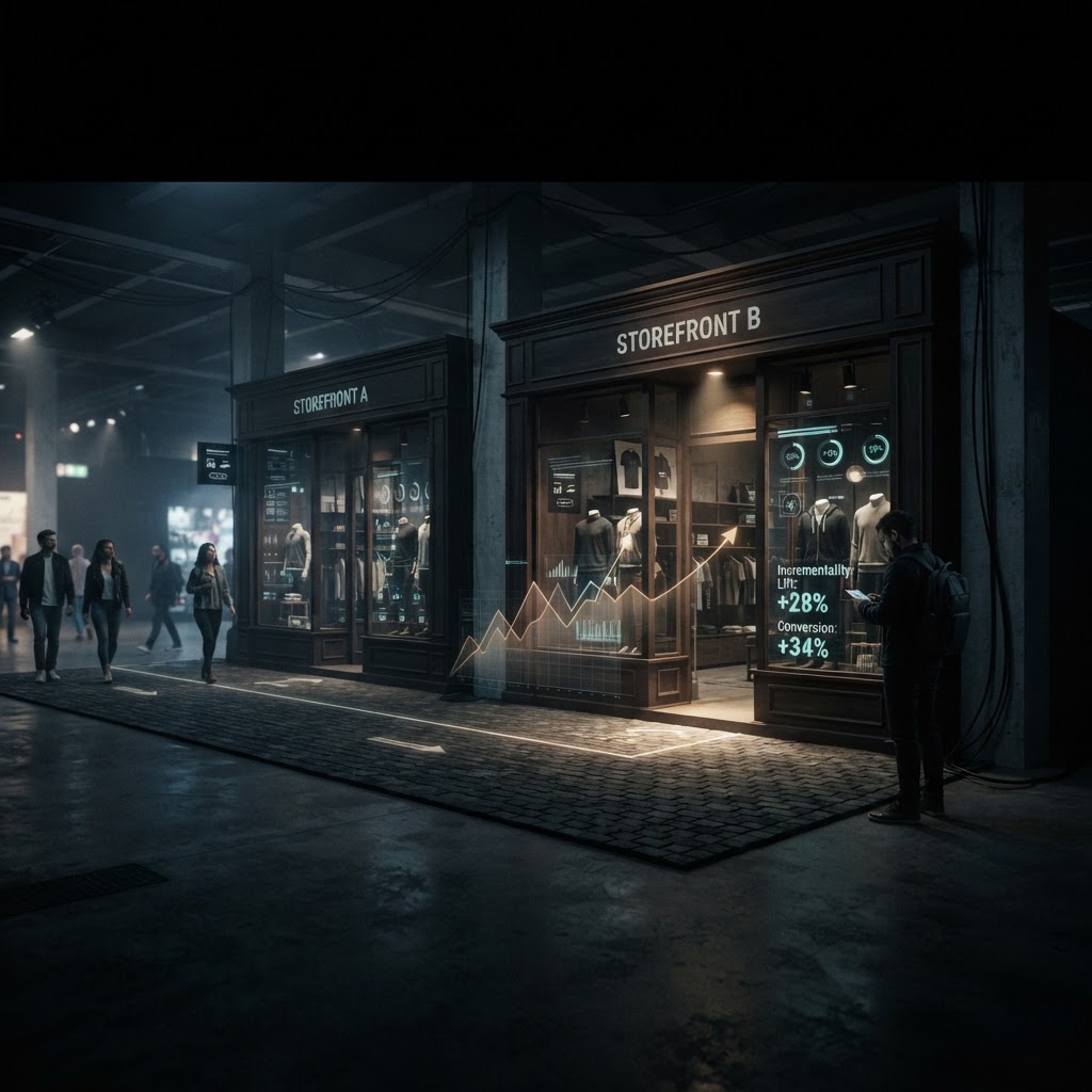 Two parallel retail paths show a controlled advertising experiment with one variable highlighted