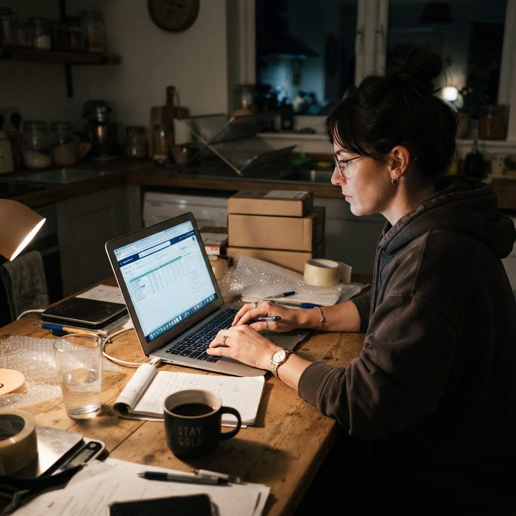 Small business owner correcting product details on a laptop late at night