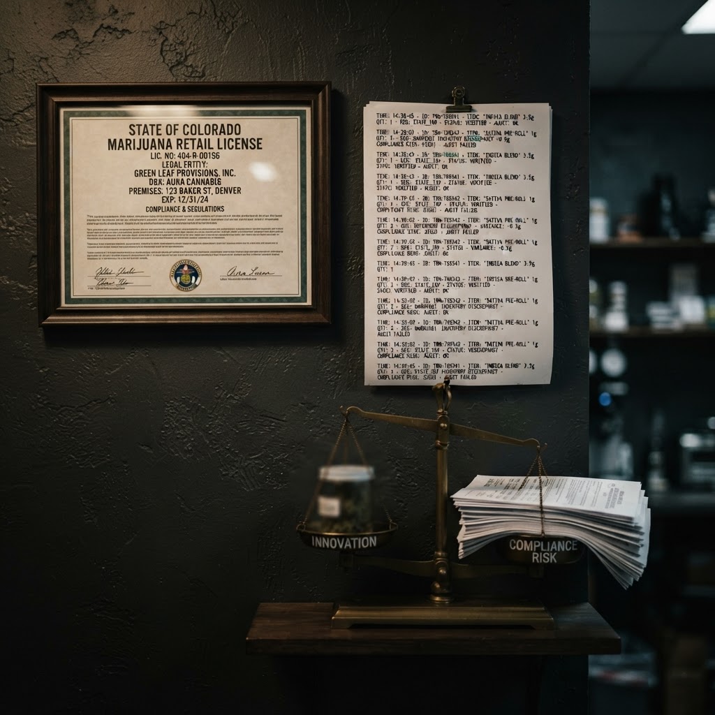 Cannabis license with audit trail showing liability risk