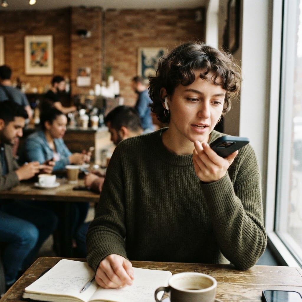 The best campaign review may still start with a real customer story A marketer recording a candid voice note about an AI campaign in a coffee shop