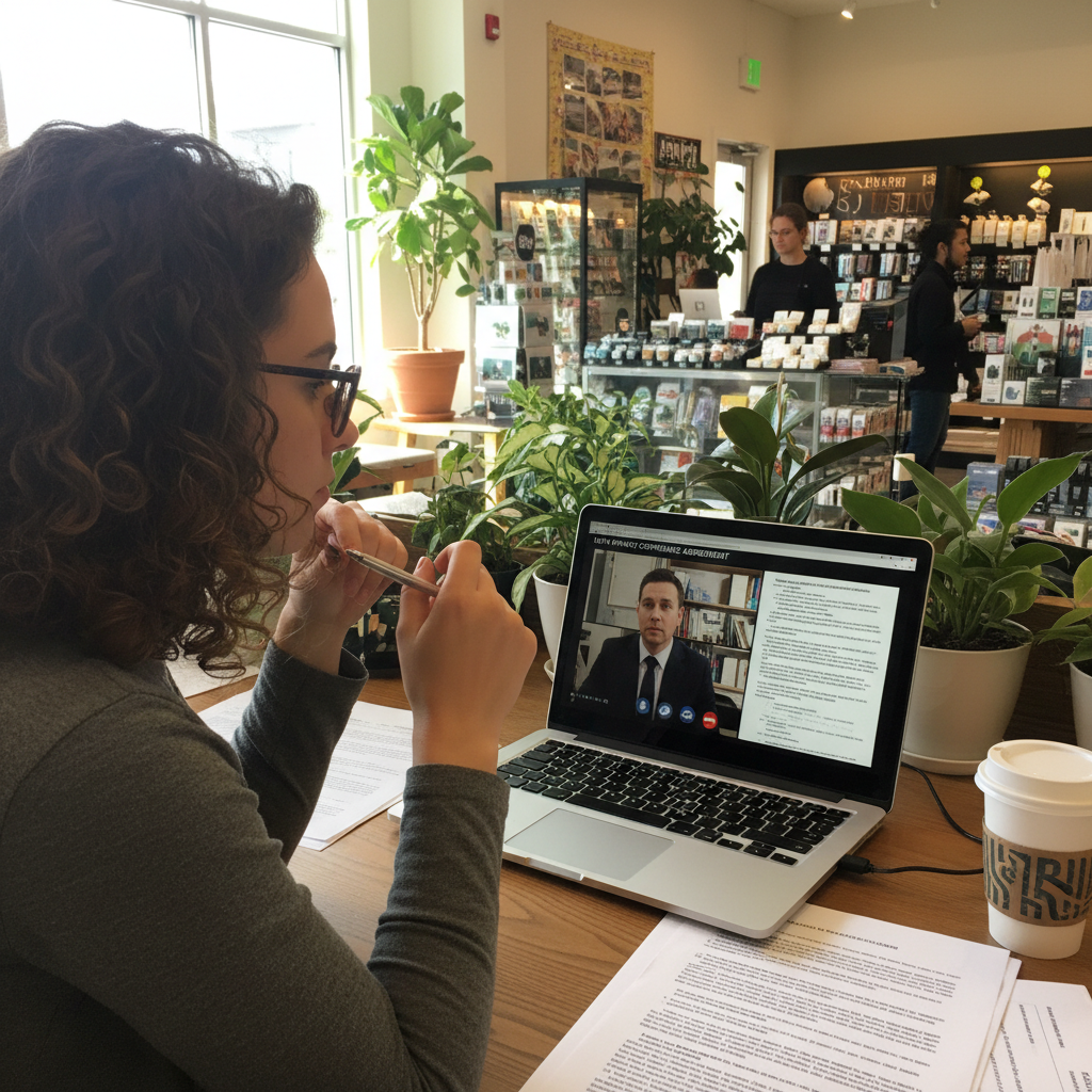 Cannabis retail location manager on video call with compliance lawyer reviewing data privacy documents