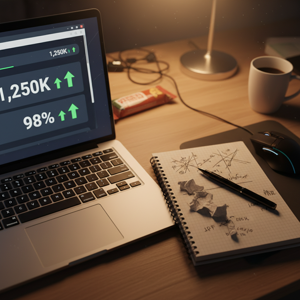 Laptop dashboard with upward metrics while notebook shows frustrated notes