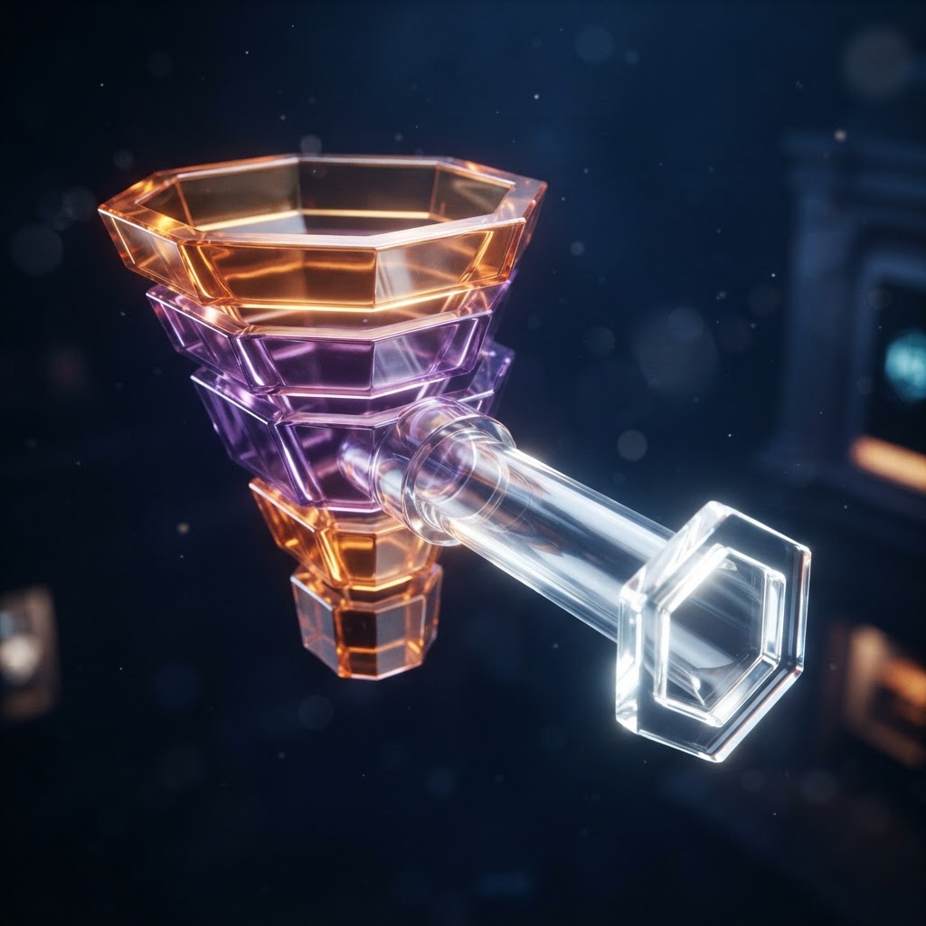 A glowing funnel narrows toward a clear checkout path