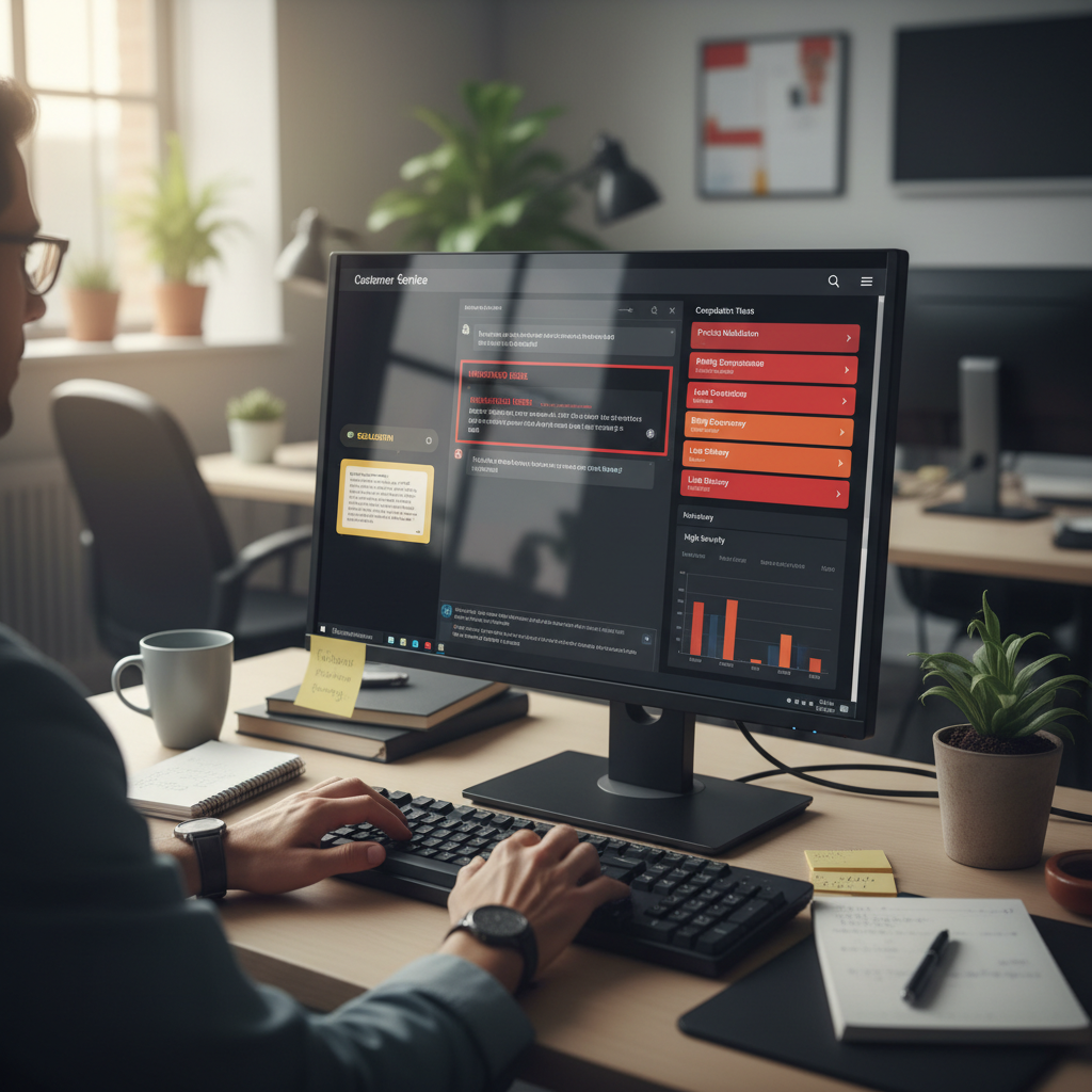Customer service agents at desks with AI dashboards