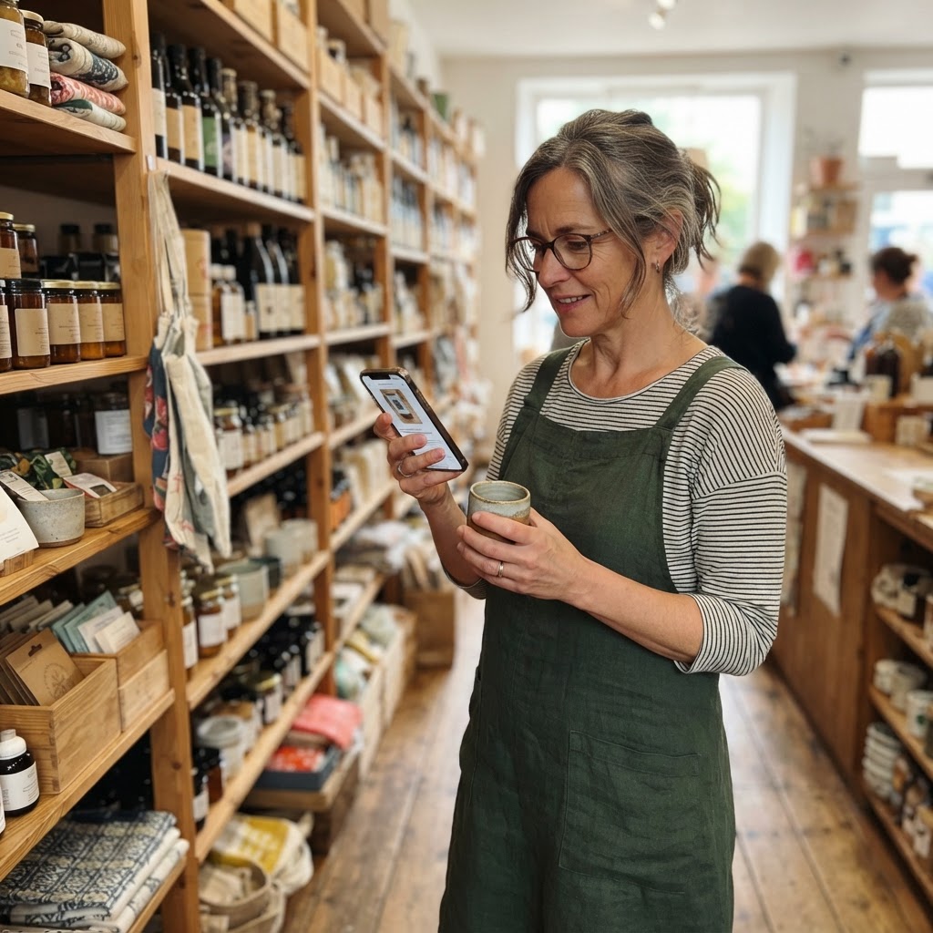 The final test is whether the recommendation survives contact with reality An independent retailer checking an AI product recommendation beside store shelves