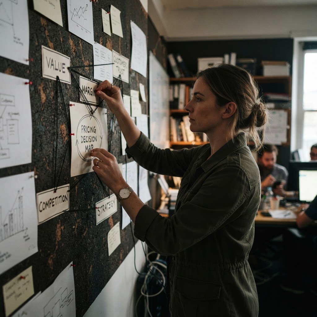 A marketer mapping value, margin, and customer trust on a wall