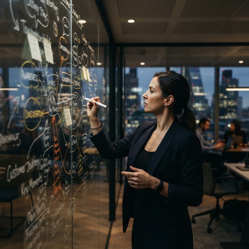 A strategist annotating a customer journey map with conversation and purchase paths