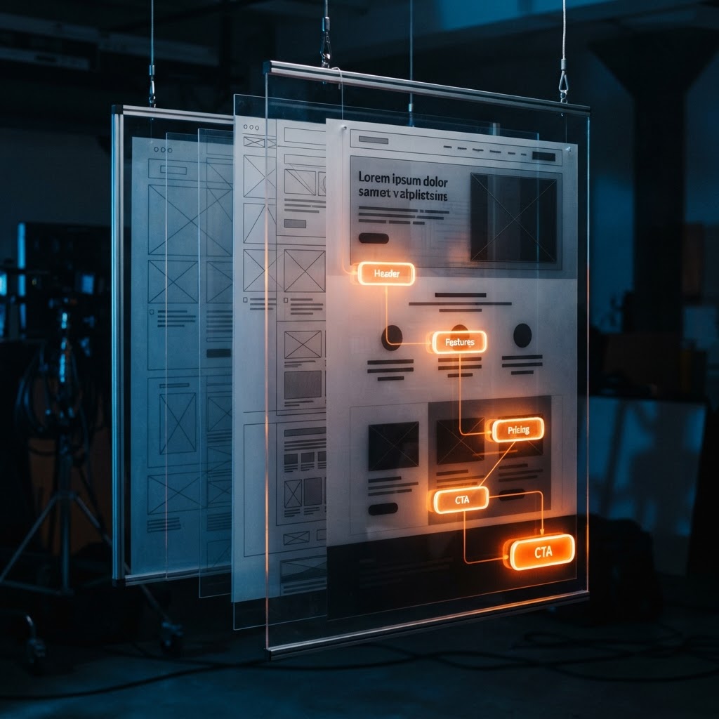 Layered landing page panels showing a clear path to one conversion action