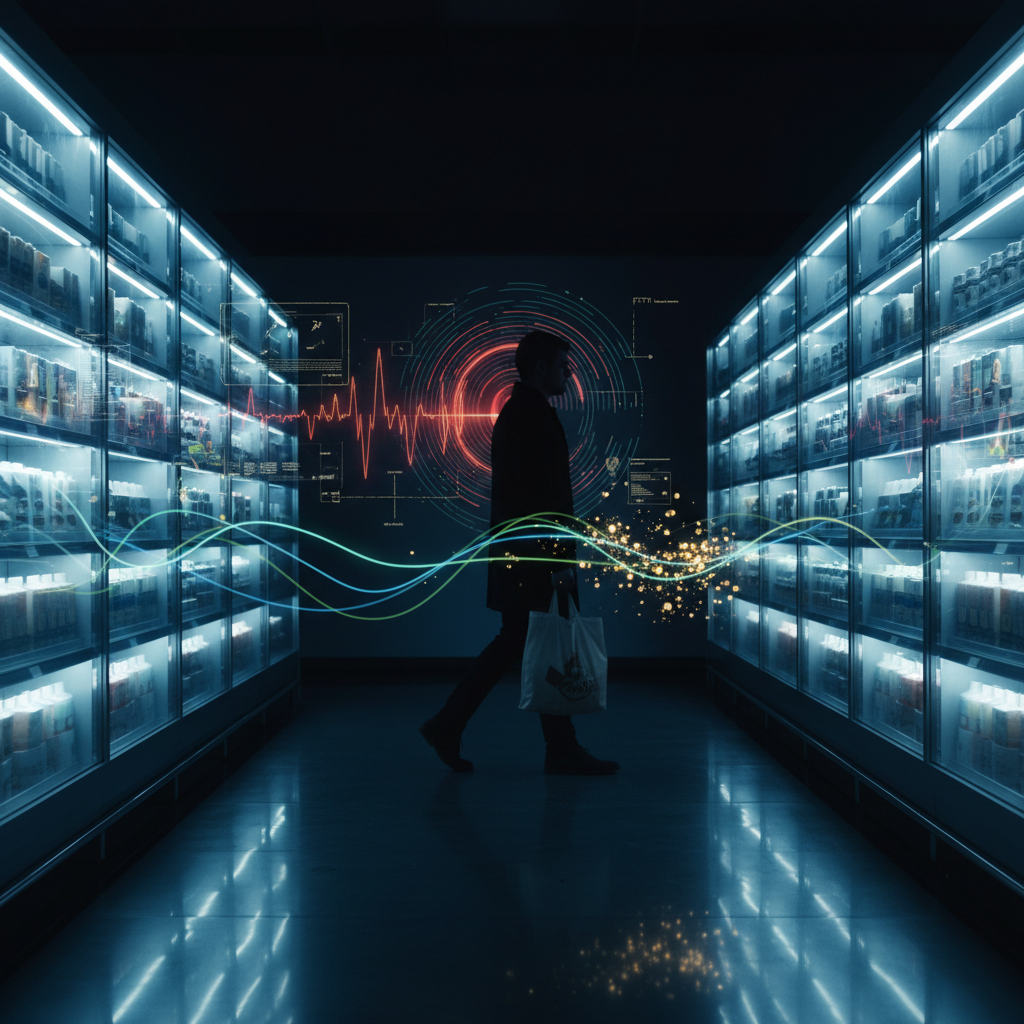 Shopper silhouette in a modern glowing store aisle with behavioral data visualizations overlaid