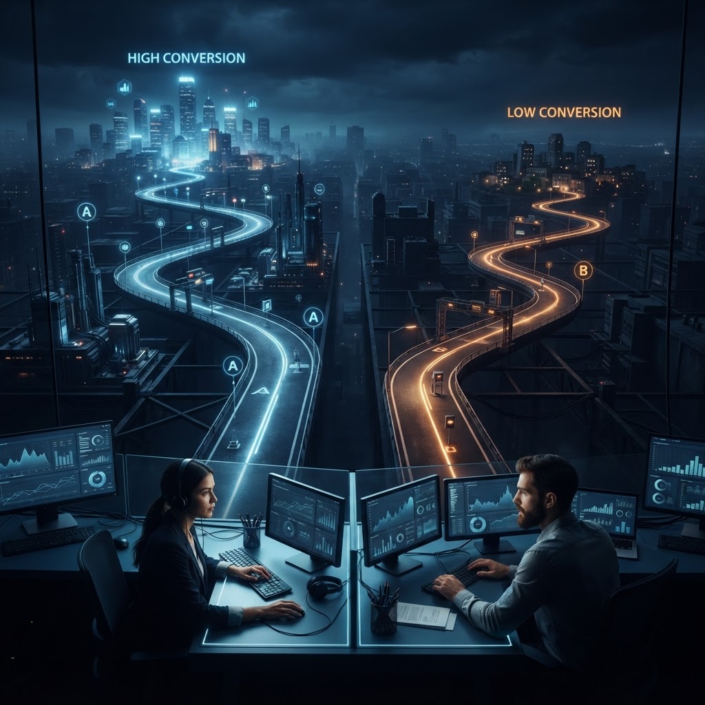 Two illuminated paths leave a control room toward different customer outcomes