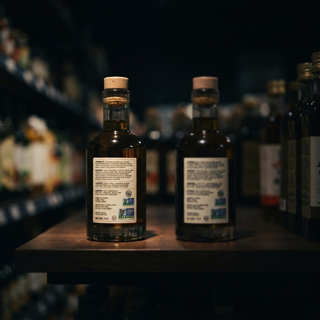 Retail shelf with one clearly verified product and one incomplete label