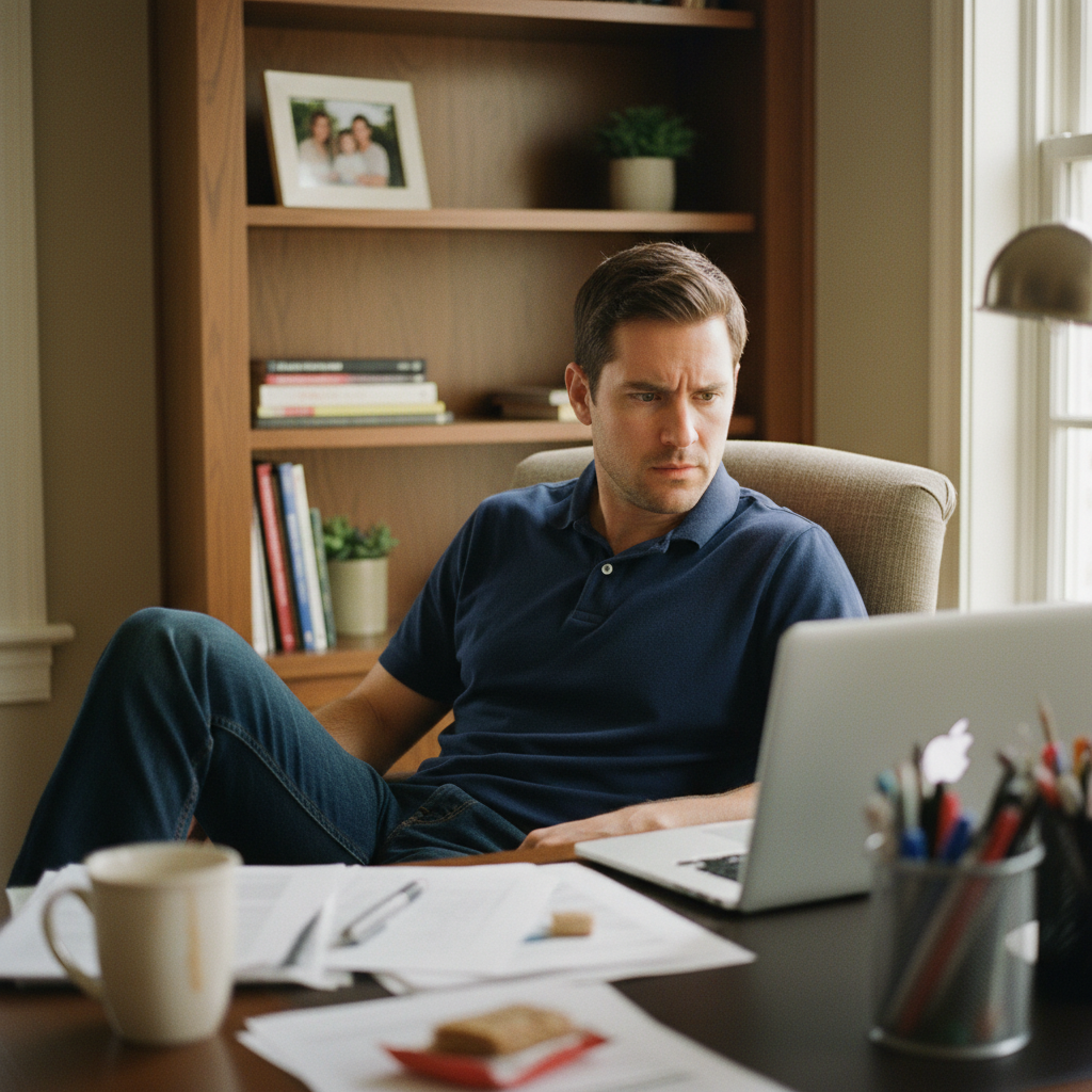 Marketing manager in home office staring at laptop screen with mixed confusion and worry expression