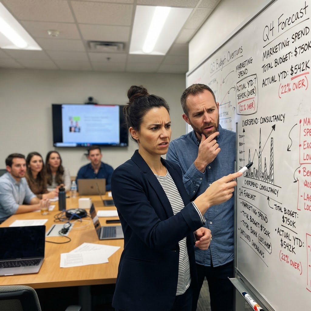 The moment the team realizes the implementation costs are triple the software budget. Team meeting discussing budget charts, confused expressions about cost overruns