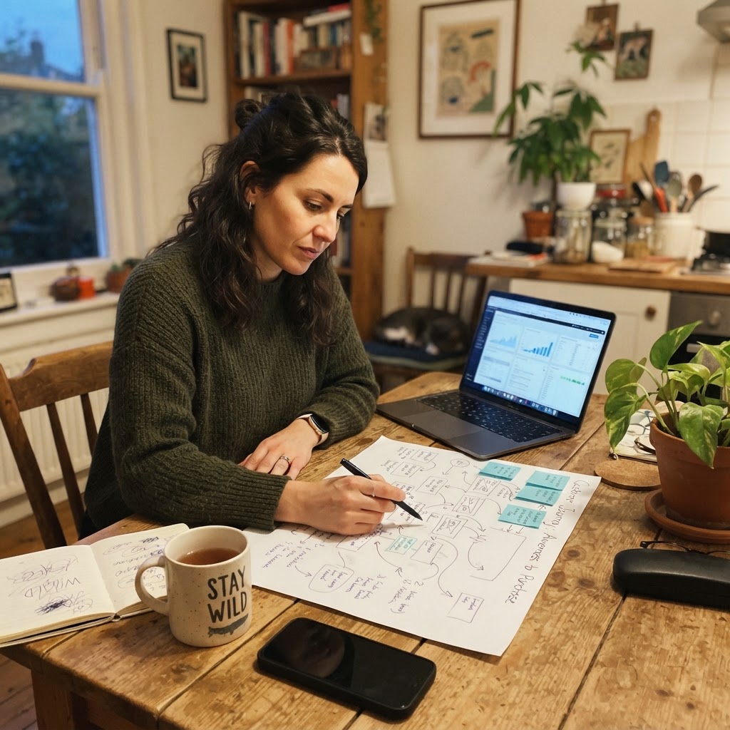 A marketer reviewing a customer journey map beside a laptop at a kitchen table