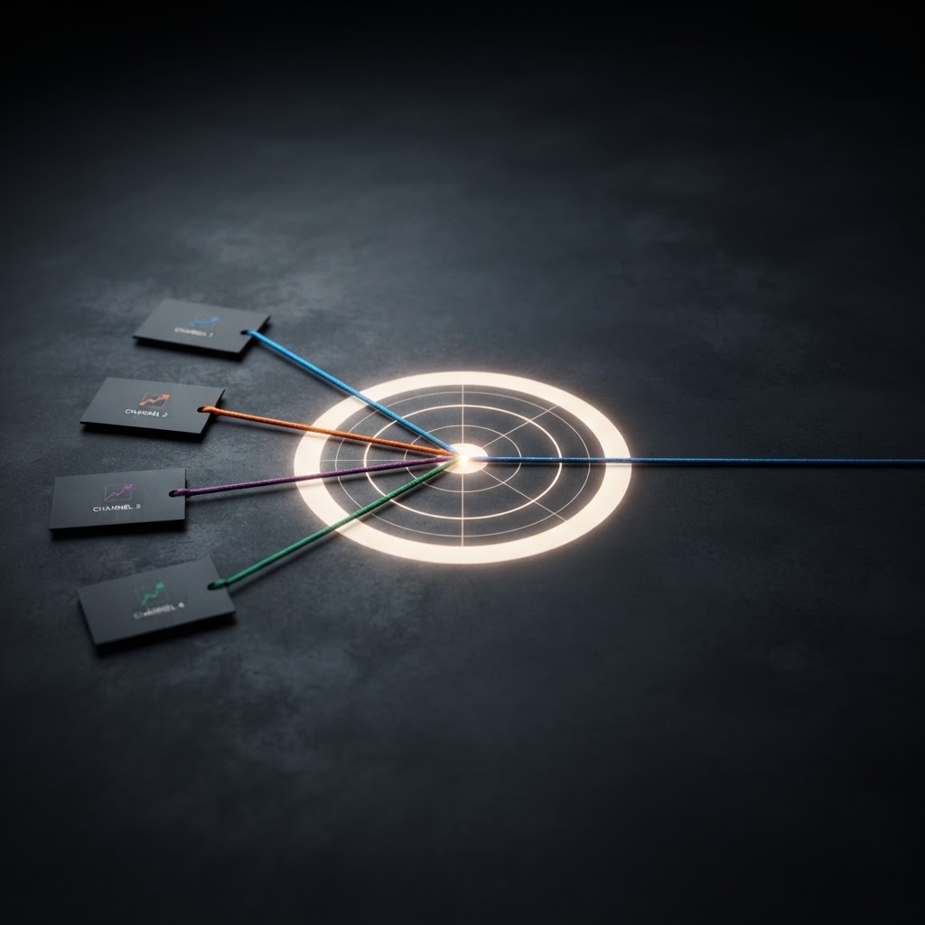 Four colored campaign threads converging into one target circle