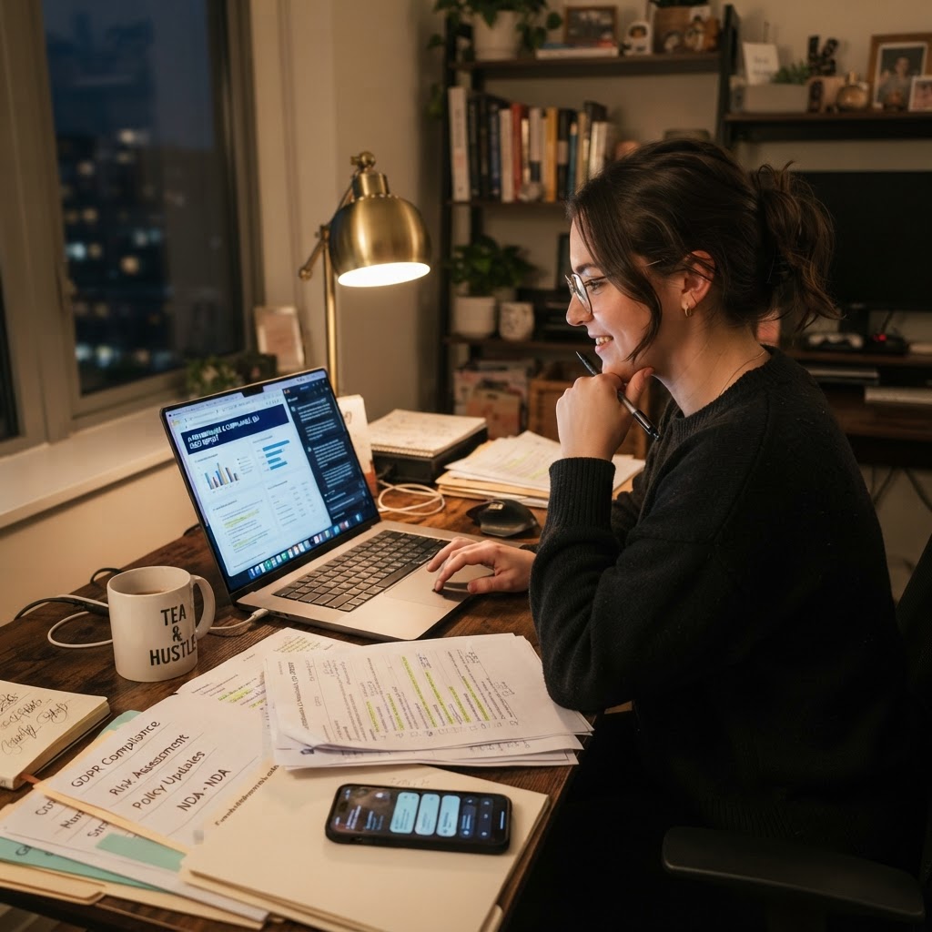 Person at home office desk reviewing compliance documentation and AI tool interfaces on laptop screen