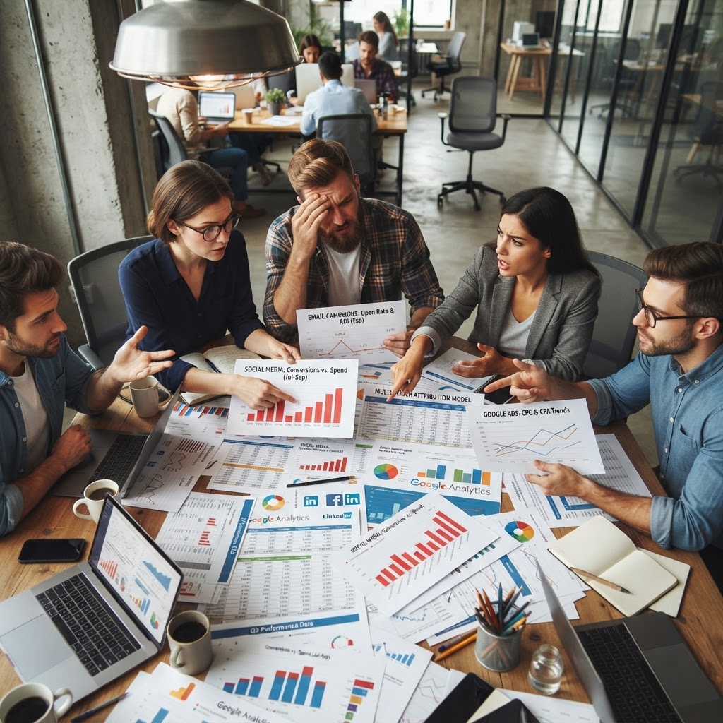 A marketing team meeting with printed analytics reports, discussing conflicting metrics from different channels.