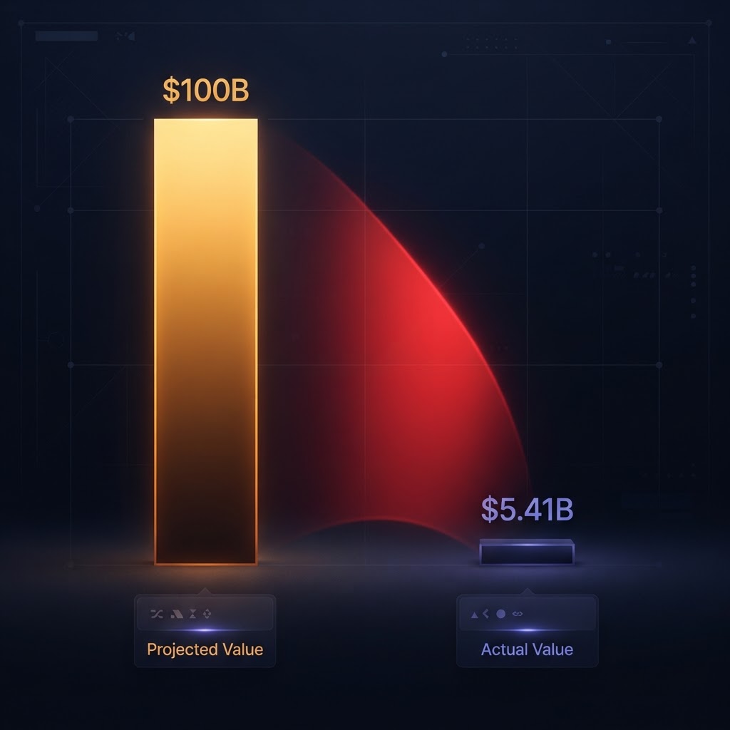 Projected $100B vs actual $5.41B: the gap nobody at OpenAI wants to discuss Data visualization showing the gap between projected and actual chatbot ad revenue