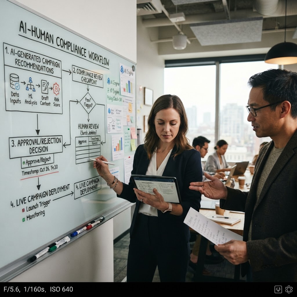 Real office setting showing compliance team reviewing AI recommendations on tablet before approving marketing campaign, demonstrating the hybrid human-AI approval workflow