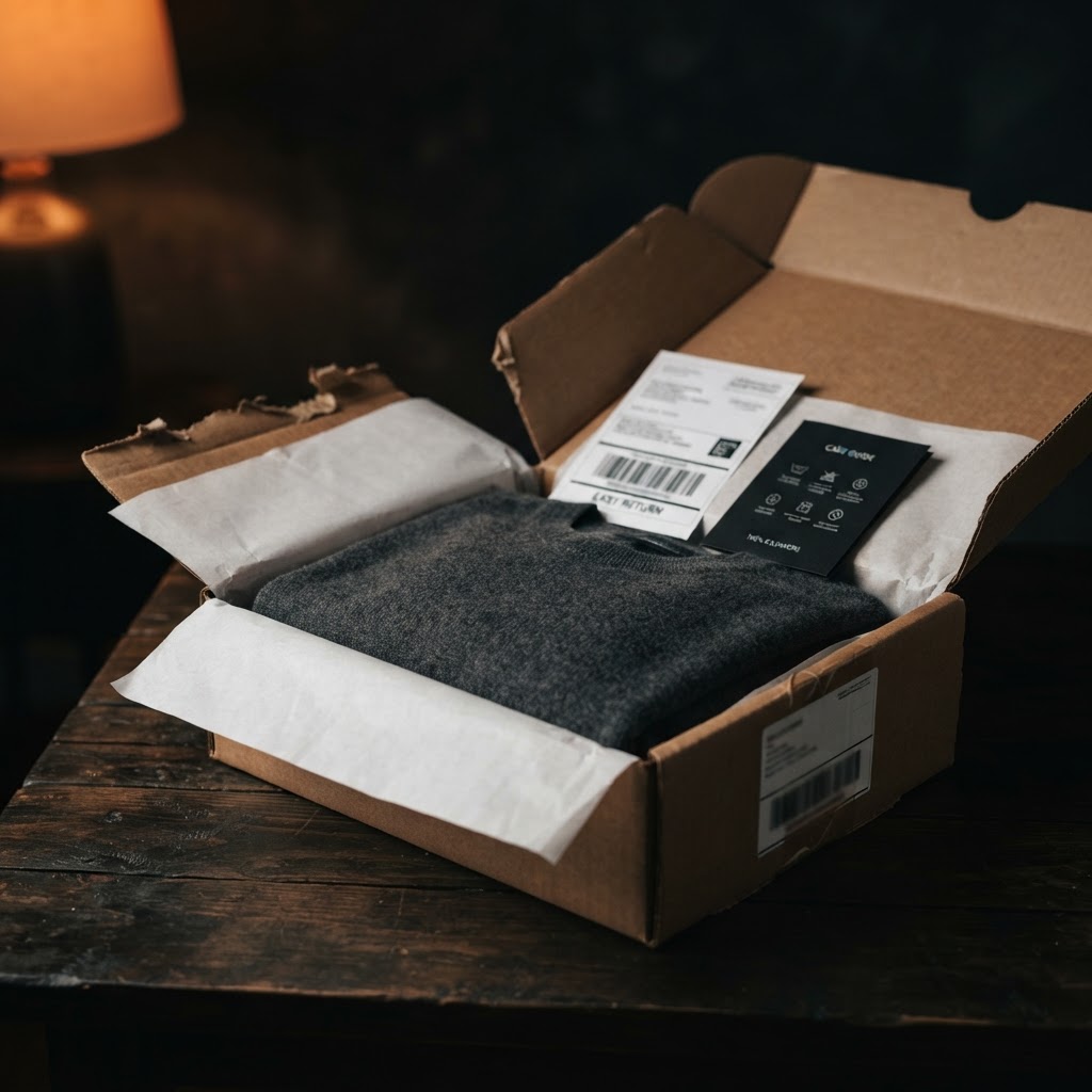 Opened ecommerce package with product, care card, and return materials