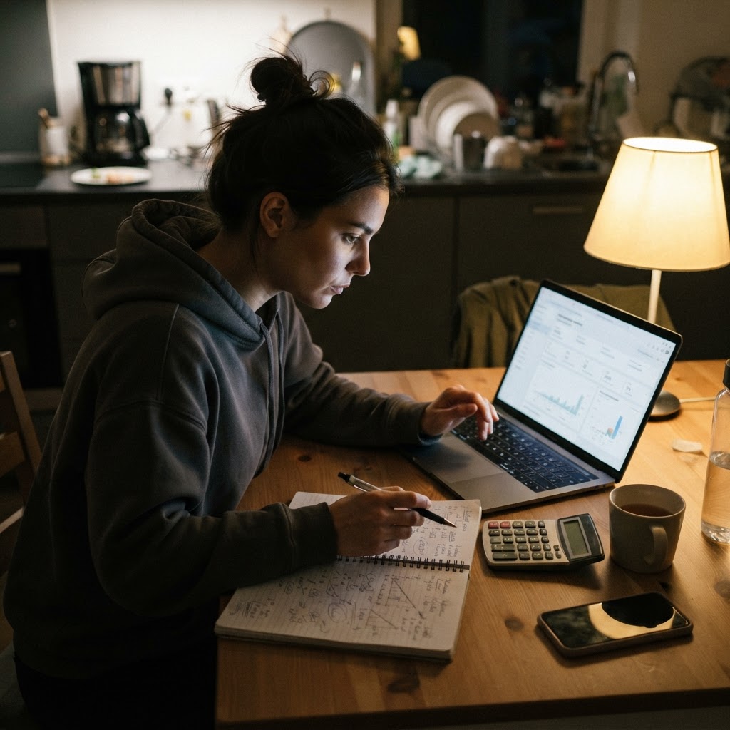 Candid phone-camera photo of a marketer comparing ad metrics with notes and a calculator at home