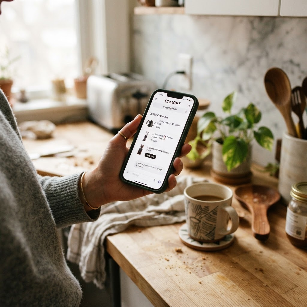 Person shopping through ChatGPT on their phone at home