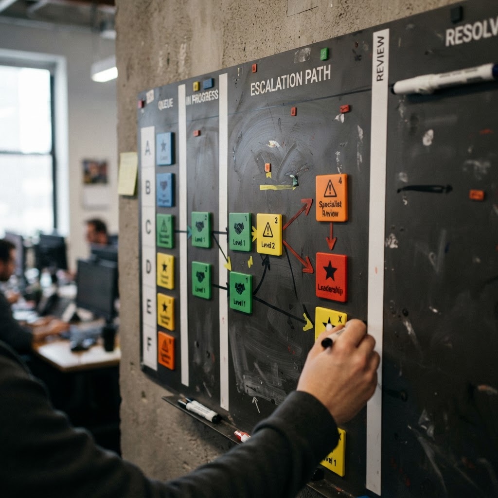 Colored magnets on a real operations board representing a customer-care escalation path