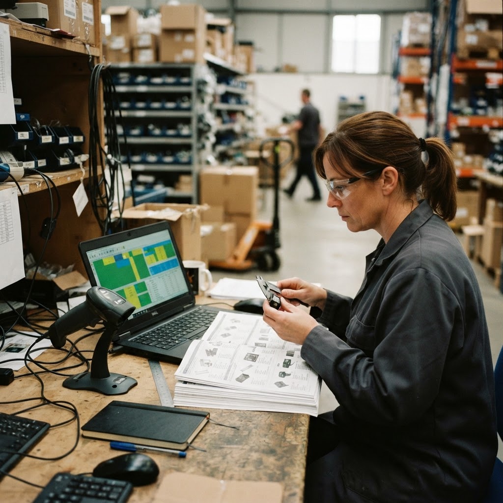 Quality-control workstation with barcode scanner, product catalog sheets, and abstract validation blocks