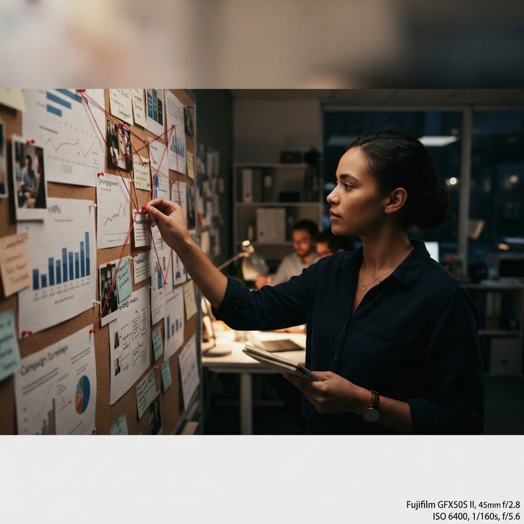 A marketer moving a red thread between campaign results and customer feedback cards