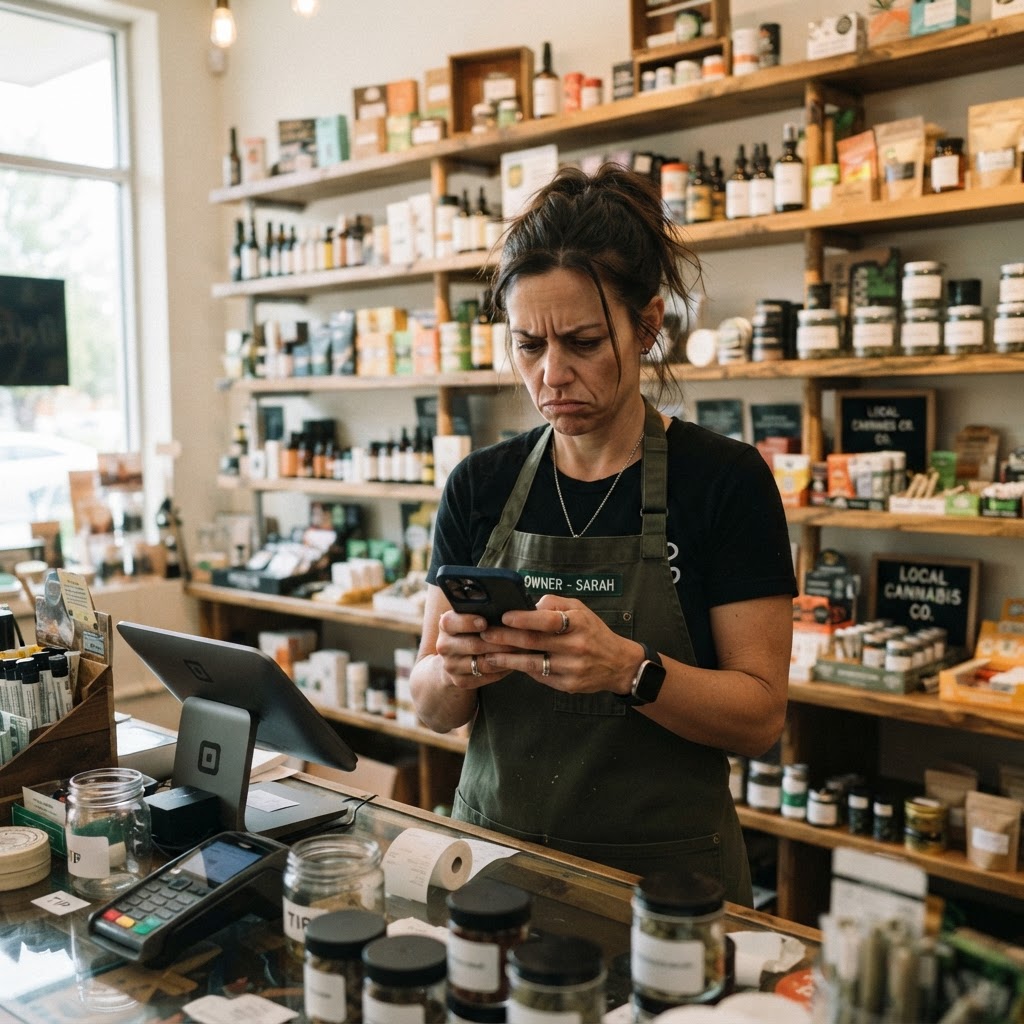 Cannabis dispensary owner checking their phone behind the counter