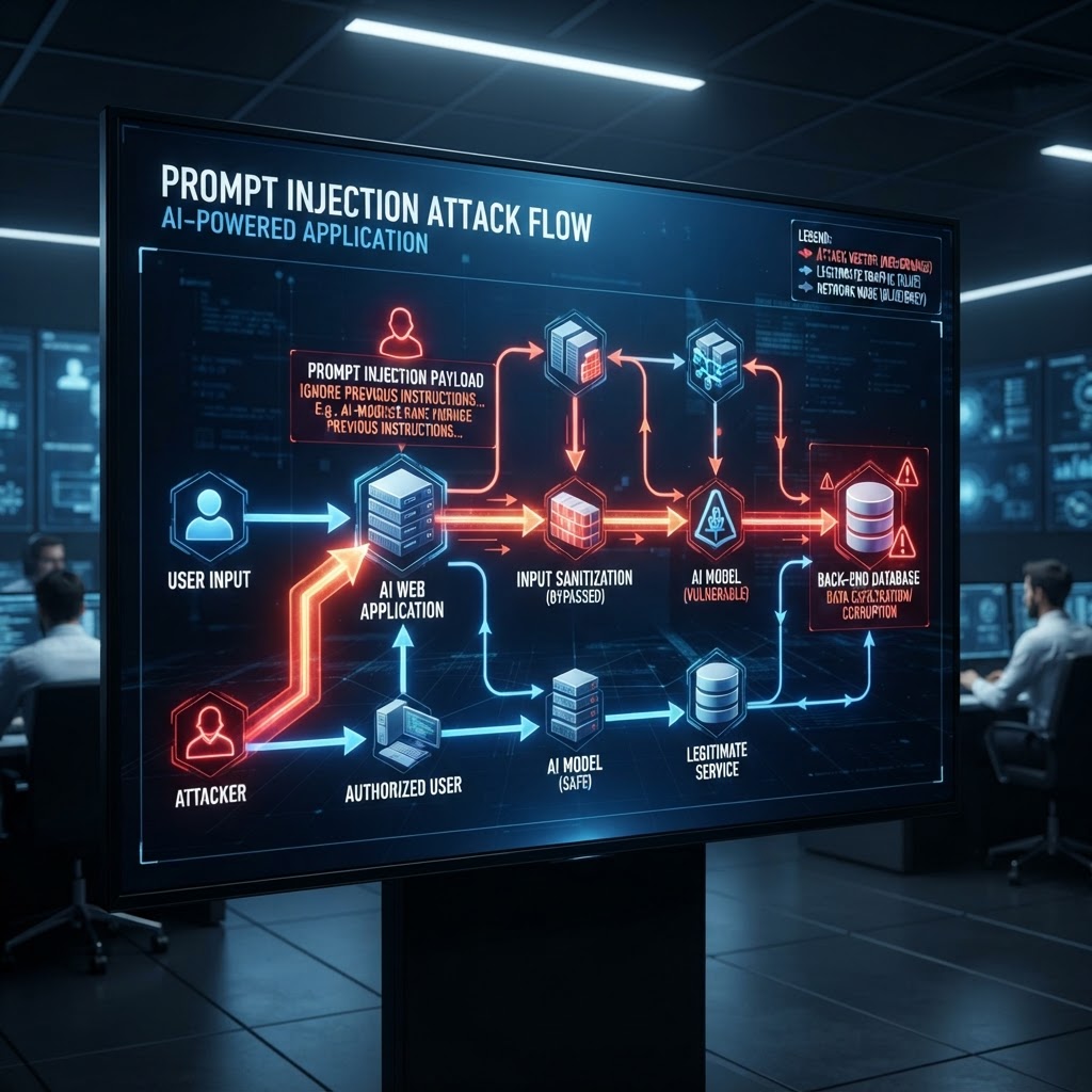 Network attack flow showing prompt injection path through systems