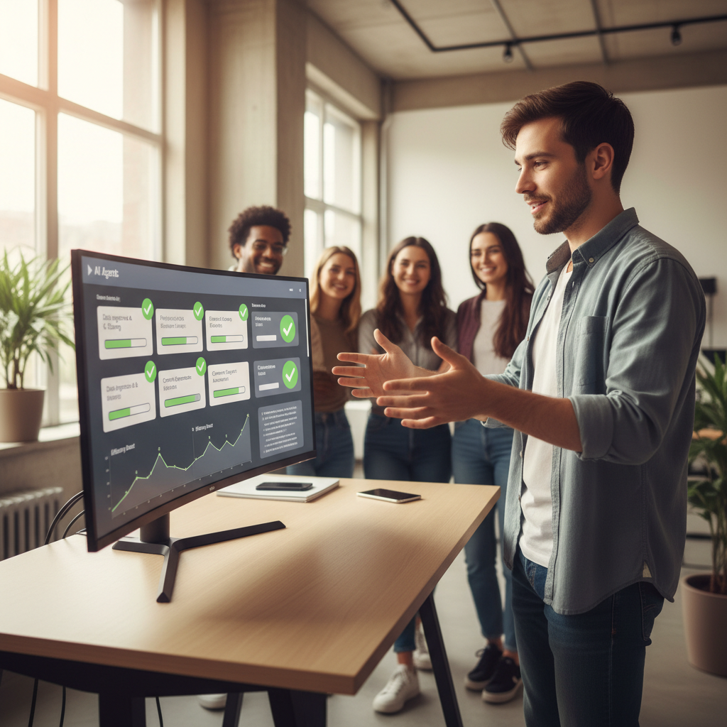 Team watching AI agent workflow run autonomously on dashboard screen